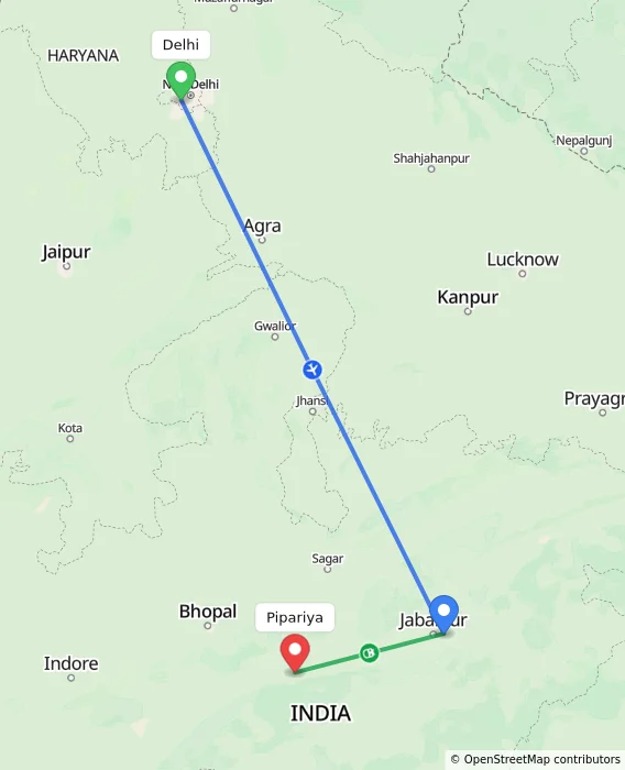 Route map showing distance and travel time from Delhi, India to Pipariya, India