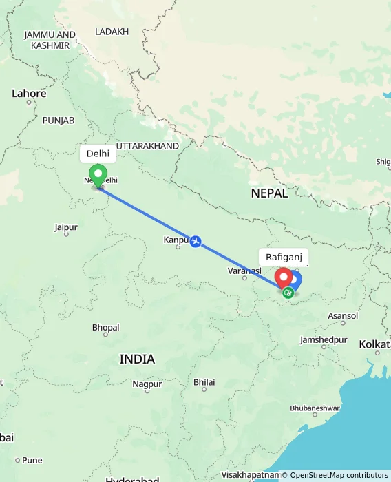 Route map showing distance and travel time from Delhi, India to Rafiganj, India