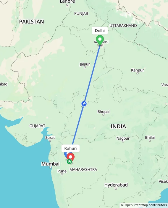 Route map showing distance and travel time from Delhi, India to Rahuri, India