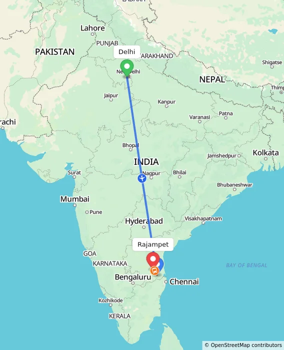 Route map showing distance and travel time from Delhi, India to Rajampet, India