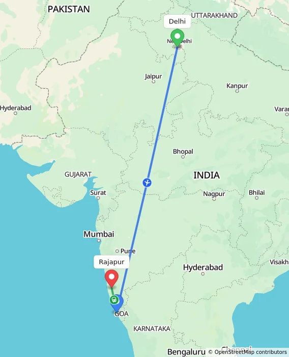 Route map showing distance and travel time from Delhi, India to Rajapur, India