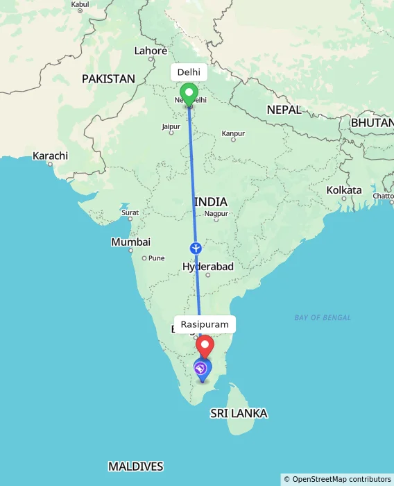 Route map showing distance and travel time from Delhi, India to Rasipuram, India