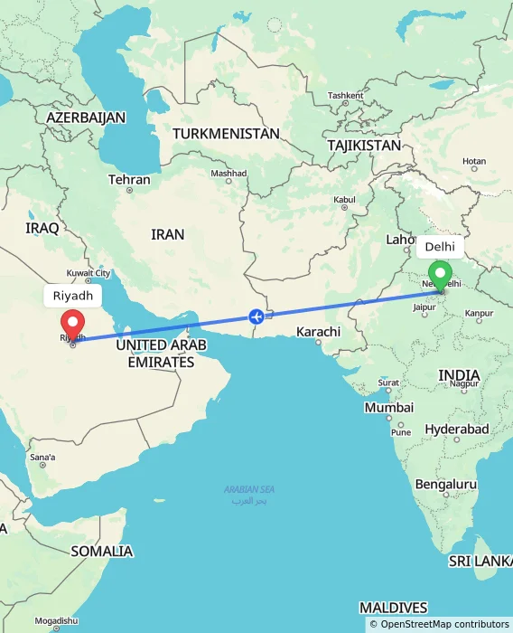Route map showing distance and travel time from Delhi, India to Riyadh, Saudi Arabia