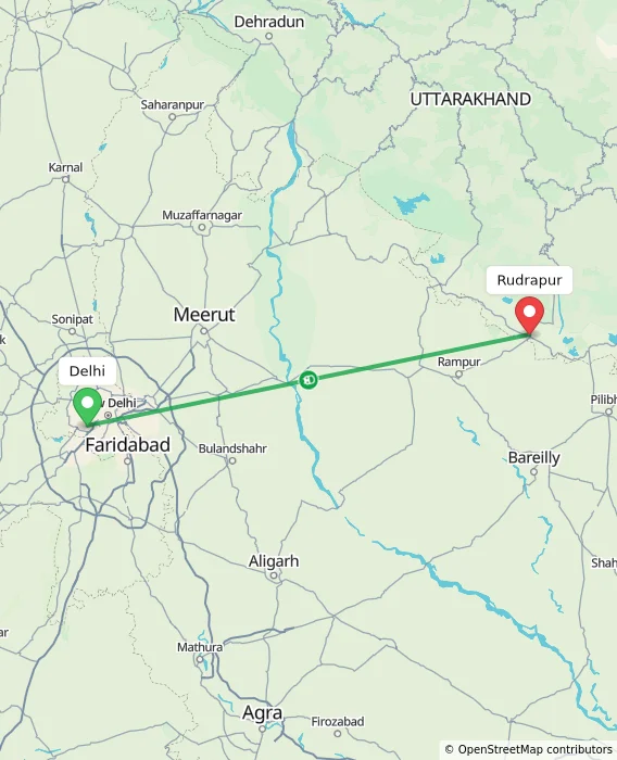 Route map showing distance and travel time from Delhi, India to Rudrapur, India