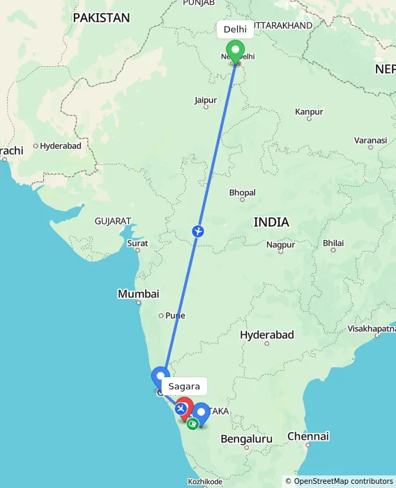 Route map showing distance and travel time from Delhi, India to Sagara, India