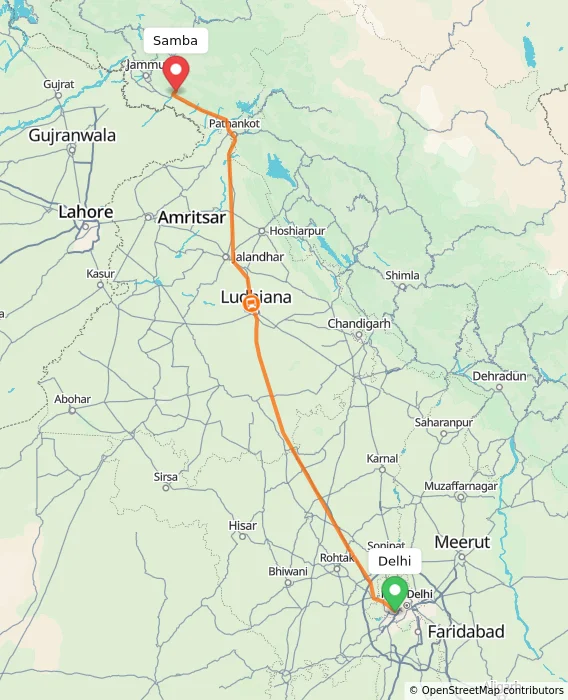 Route map showing distance and travel time from Delhi, India to Samba, India