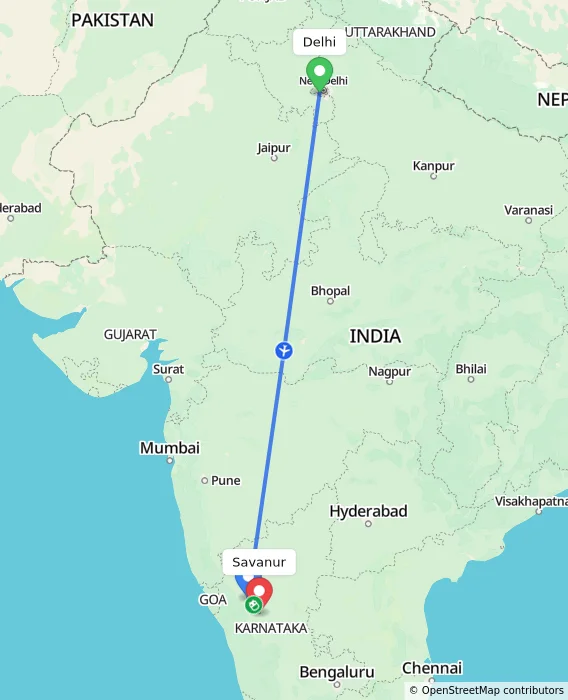Route map showing distance and travel time from Delhi, India to Savanur, India