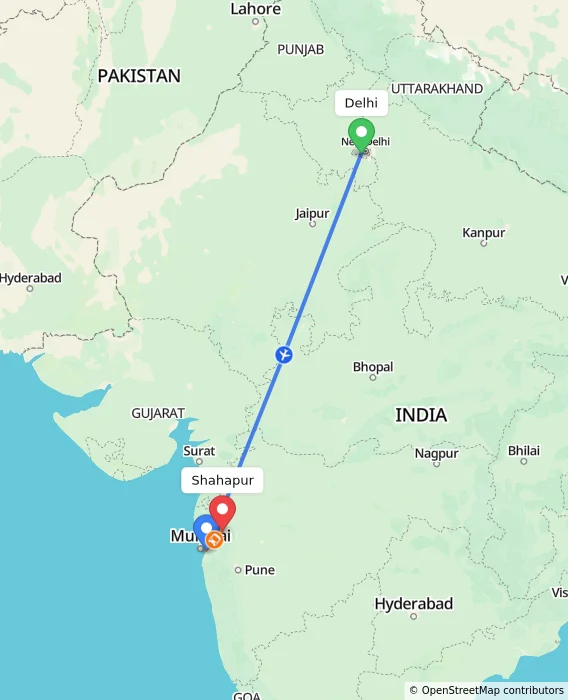 Route map showing distance and travel time from Delhi, India to Shahapur, India