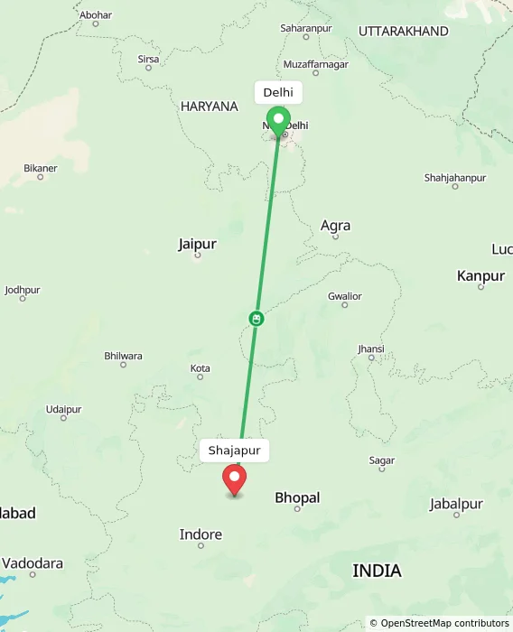 Route map showing distance and travel time from Delhi, India to Shajapur, India