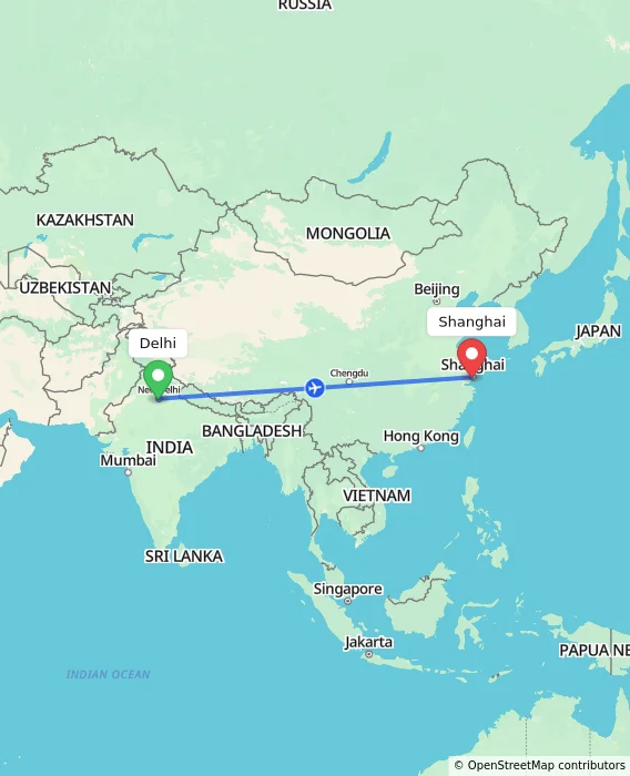 Route map showing distance and travel time from Delhi, India to Shanghai, China