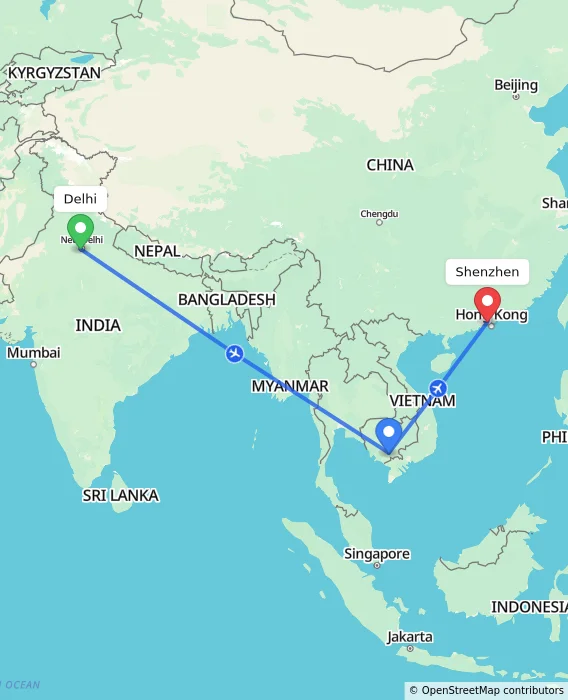 Route map showing distance and travel time from Delhi, India to Shenzhen, China