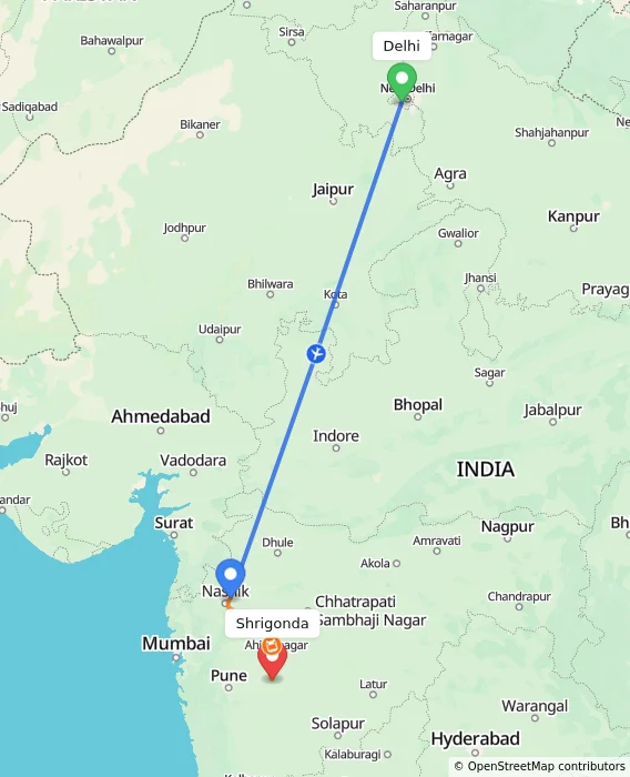 Route map showing distance and travel time from Delhi, India to Shrigonda, India