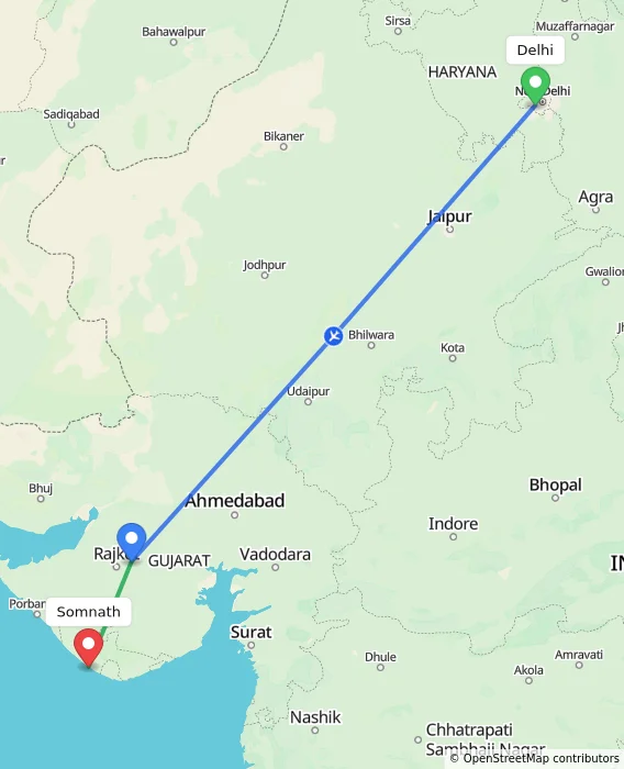 Route map showing distance and travel time from Delhi, India to Somnath, India