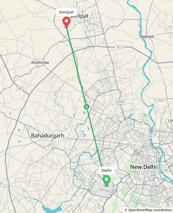 Route map showing distance and travel time from Delhi, India to Sonipat, India
