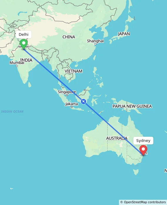 Route map showing distance and travel time from Delhi, India to Sydney, Australia