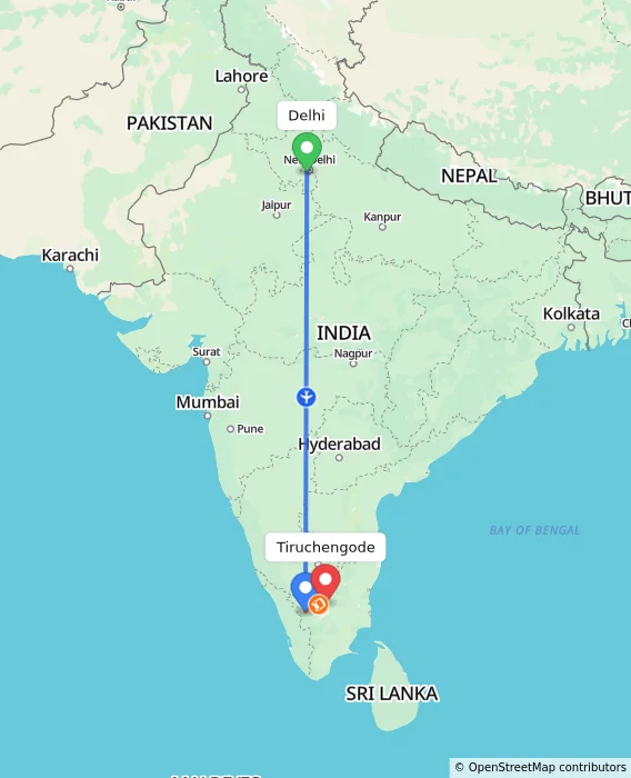 Route map showing distance and travel time from Delhi, India to Tiruchengode, India