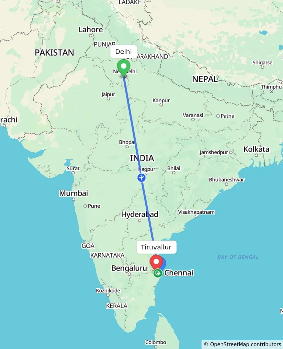 Route map showing distance and travel time from Delhi, India to Tiruvallur, India