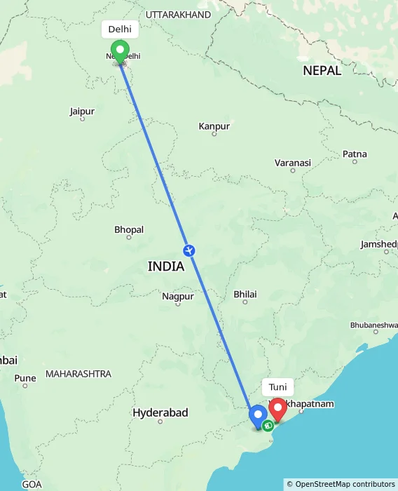 Route map showing distance and travel time from Delhi, India to Tuni, India