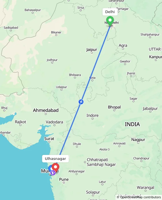 Route map showing distance and travel time from Delhi, India to Ulhasnagar, India