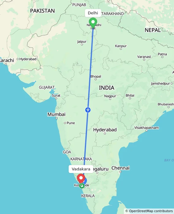Route map showing distance and travel time from Delhi, India to Vadakara, India