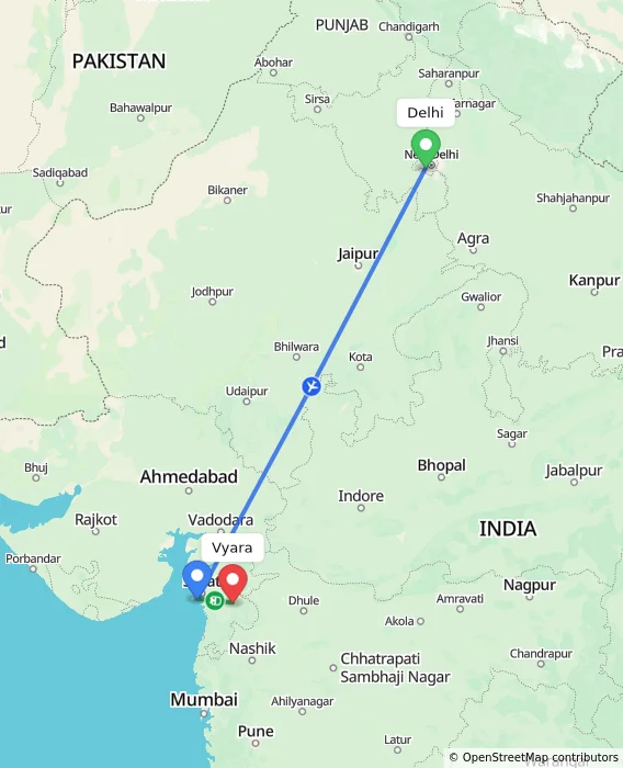 Route map showing distance and travel time from Delhi, India to Vyara, India