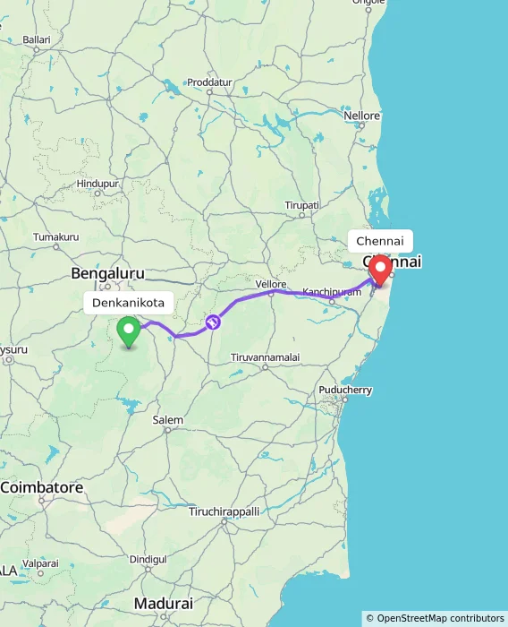 Route map showing distance and travel time from Denkanikota, India to Chennai, India