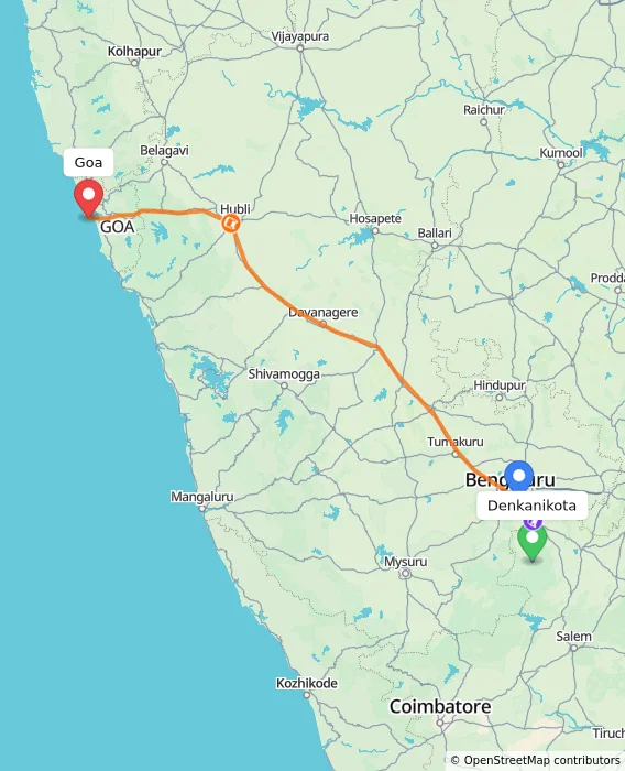 Route map showing distance and travel time from Denkanikota, India to Goa, India