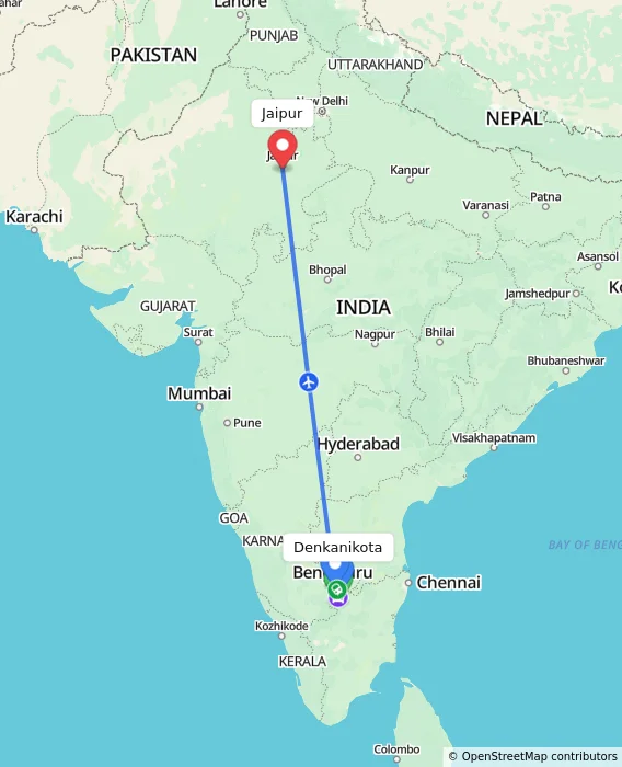 Route map showing distance and travel time from Denkanikota, India to Jaipur, India