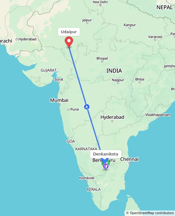Route map showing distance and travel time from Denkanikota, India to Udaipur, India