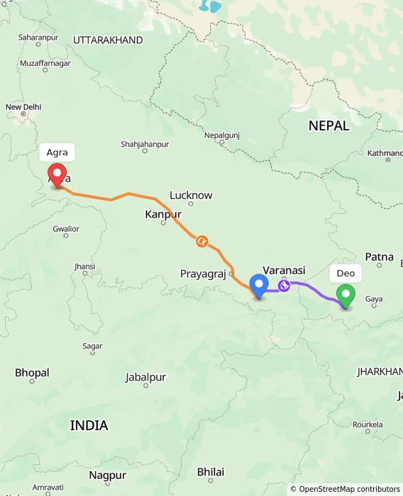 Route map showing distance and travel time from Deo, India to Agra, India