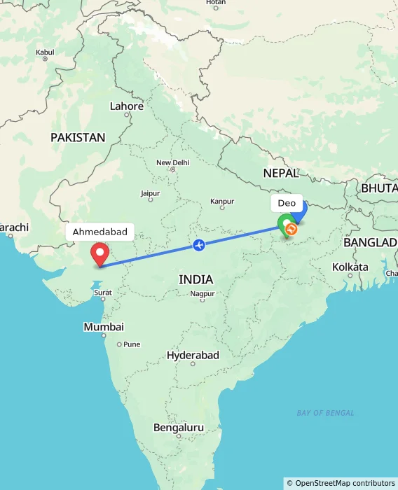 Route map showing distance and travel time from Deo, India to Ahmedabad, India