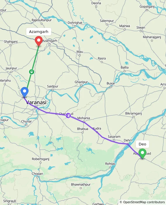 Route map showing distance and travel time from Deo, India to Azamgarh, India