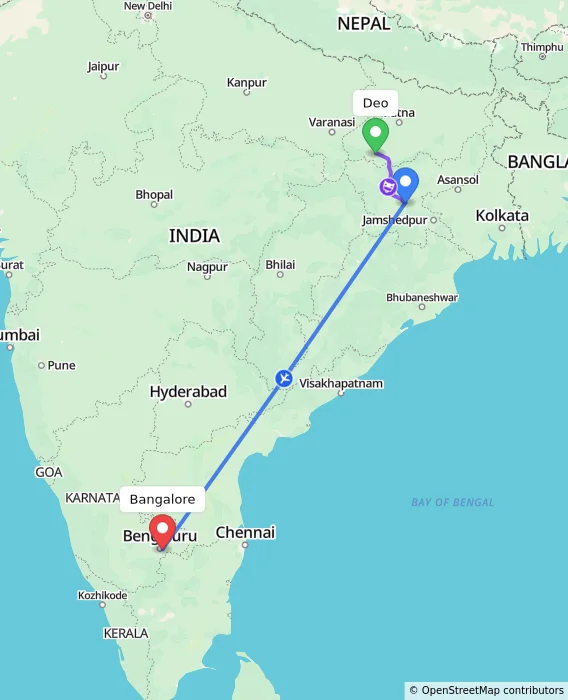 Route map showing distance and travel time from Deo, India to Bangalore, India