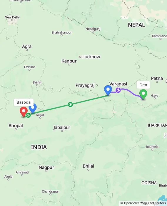 Route map showing distance and travel time from Deo, India to Basoda, India