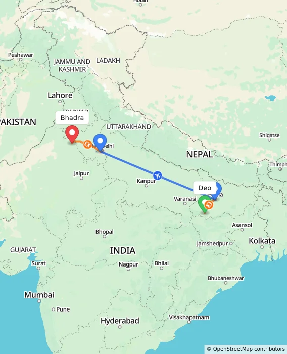 Route map showing distance and travel time from Deo, India to Bhadra, India