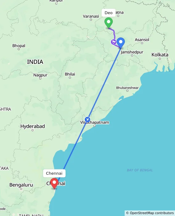 Route map showing distance and travel time from Deo, India to Chennai, India