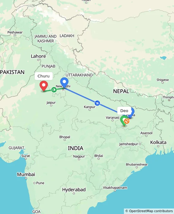 Route map showing distance and travel time from Deo, India to Churu, India