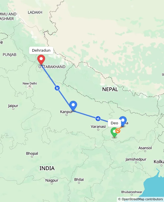 Route map showing distance and travel time from Deo, India to Dehradun, India