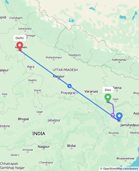 Route map showing distance and travel time from Deo, India to Delhi, India
