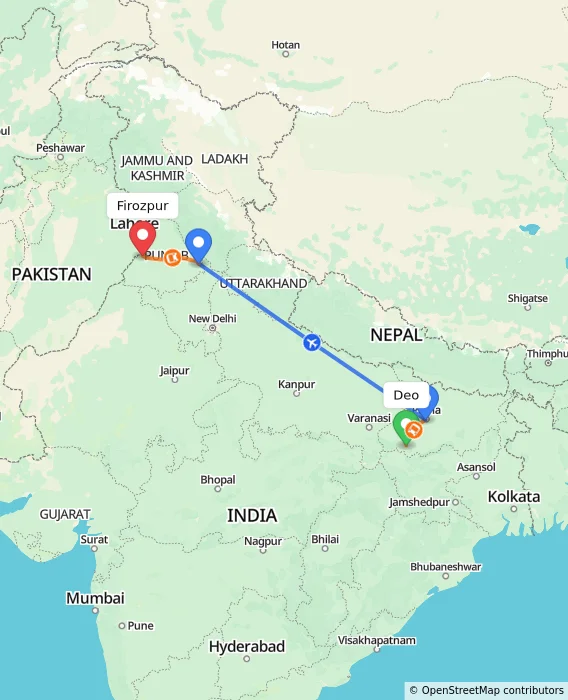 Route map showing distance and travel time from Deo, India to Firozpur, India