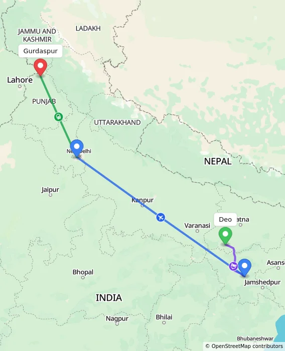 Route map showing distance and travel time from Deo, India to Gurdaspur, India