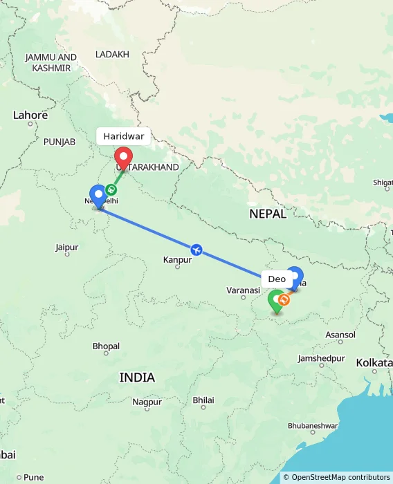 Route map showing distance and travel time from Deo, India to Haridwar, India