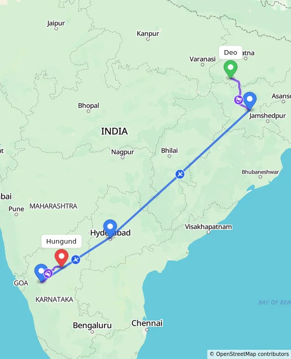 Route map showing distance and travel time from Deo, India to Hungund, India