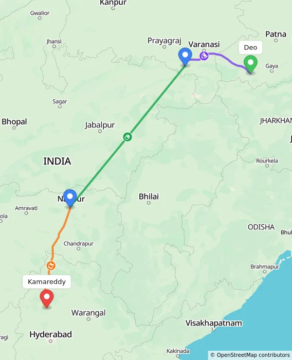 Route map showing distance and travel time from Deo, India to Kamareddy, India