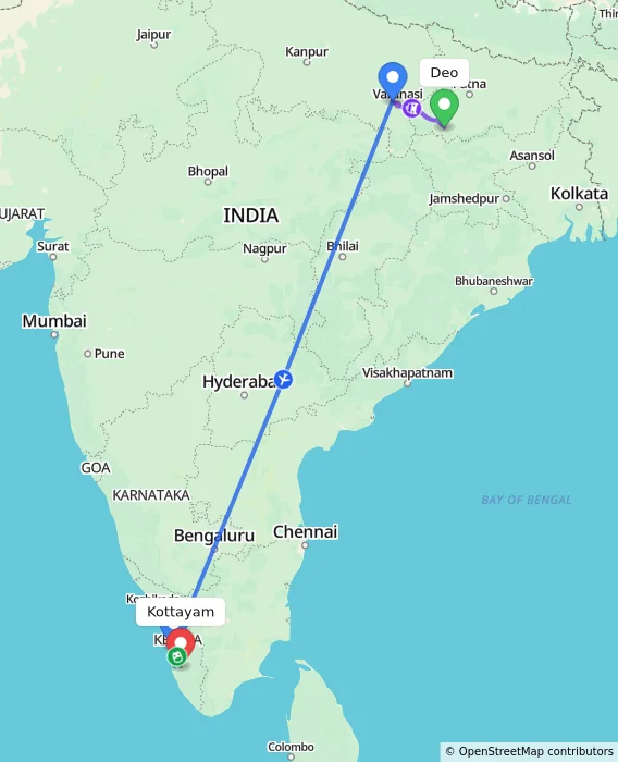 Route map showing distance and travel time from Deo, India to Kottayam, India
