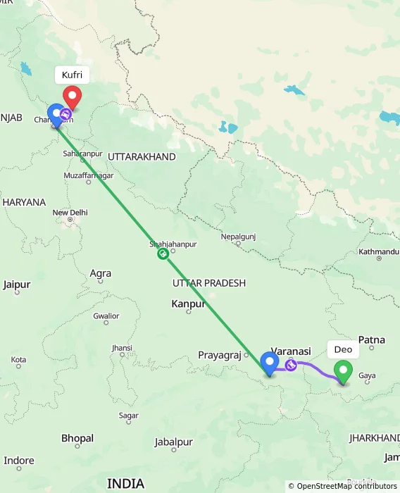 Route map showing distance and travel time from Deo, India to Kufri, India