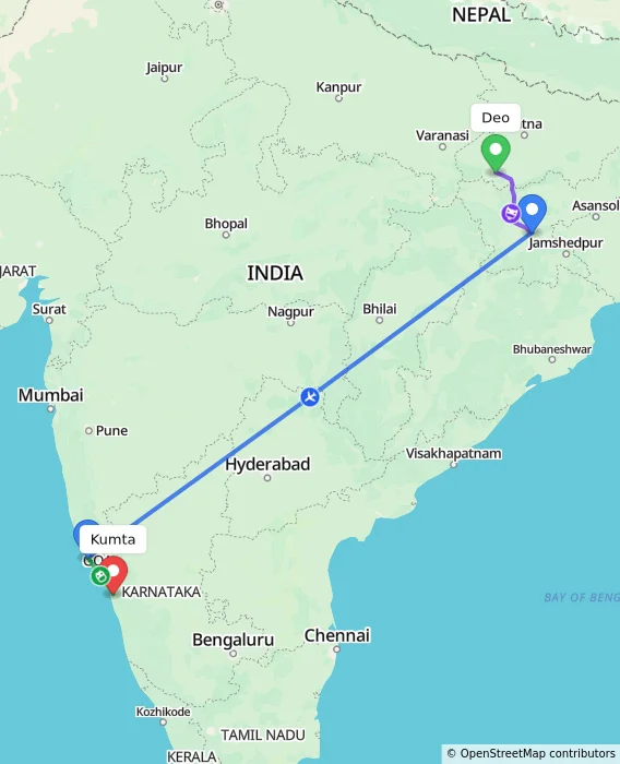 Route map showing distance and travel time from Deo, India to Kumta, India