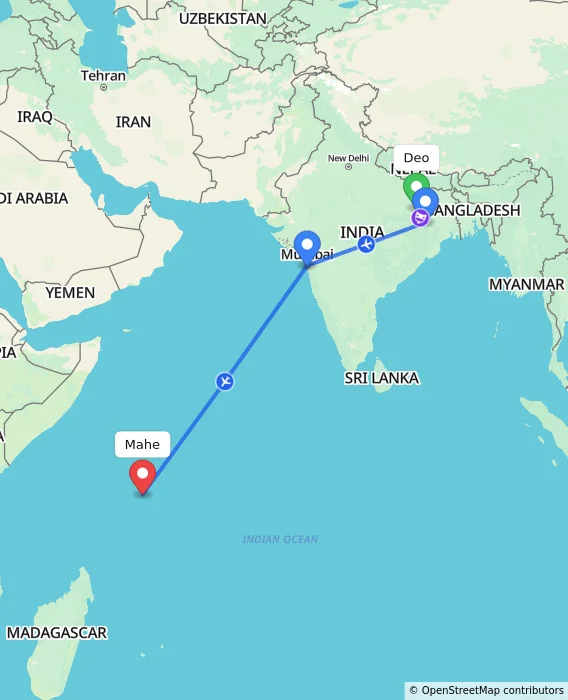 Route map showing distance and travel time from Deo, India to Mahe, Seychelles