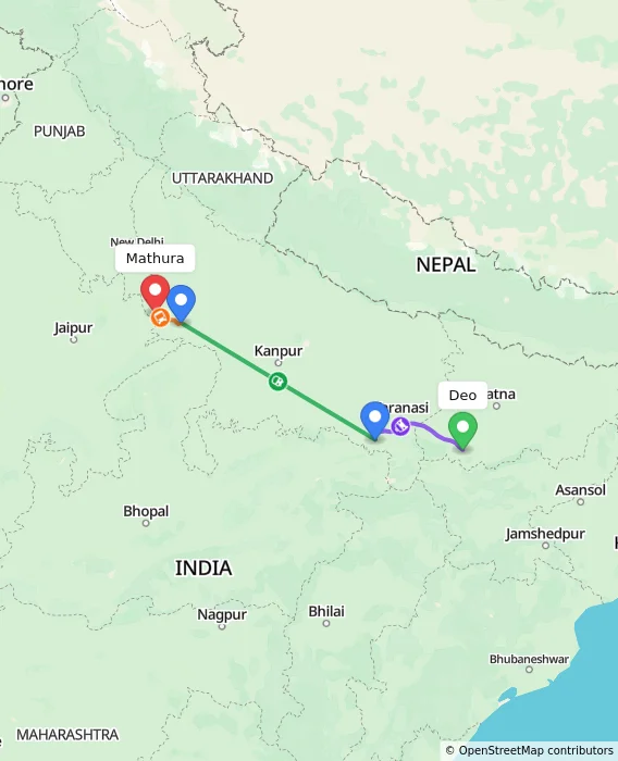 Route map showing distance and travel time from Deo, India to Mathura, India
