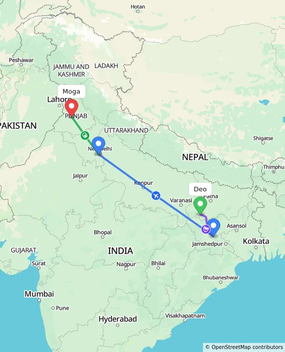 Route map showing distance and travel time from Deo, India to Moga, India
